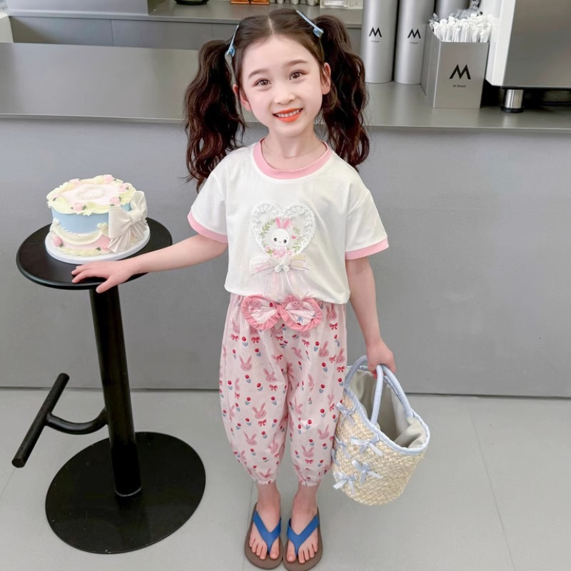 Mädchen 2024 neue Kinder lässig Western-Stil dünne Stil Baby Kurzarm Mückenschutz Hose zweiteiliges Set Sommer_voghion.com