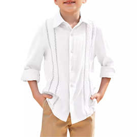 跨境外贸欧美亚马逊2024新款童装男童翻领单排扣衬衫镂空纽扣上衣