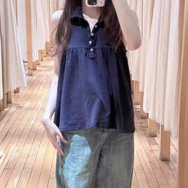 BM 新款翻领五粒扣无袖坎肩背心女bm宽松挂脖露背上衣