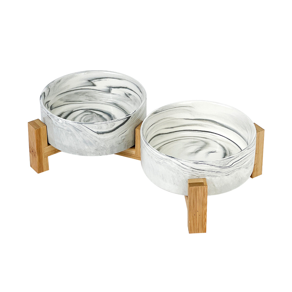 Tazón para perros de Amazon transfronterizo Tazón de arroz de mármol para gatos Marco de madera de bambú de patas altas Tazón para beber Tazón para comida para gatos Tazón para gatos Cerámica