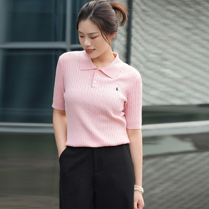 Knitted Shirt Short-sleeved Women's Summer Thin POLO Collar Pony Embroidered Base Shirt Tencel Slimming Pullover Solid Color Top