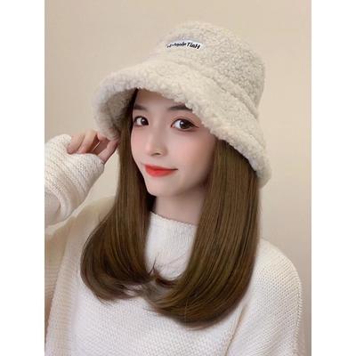 Wig Hat Korean Edition Autumn and winter Lambswool Fisherman hat Long hair fashion one clavicle