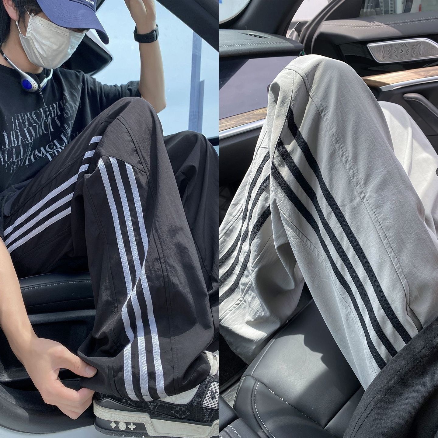 Pantalones de hielo de verano de tres barras para hombres delgados pantalones deportivos largos sueltos rectos de piernas anchas pantalones casuales de hombre