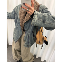 港风复古牛仔翻领外套女2025秋季做旧小众毛领翻领宽松夹克厚外套