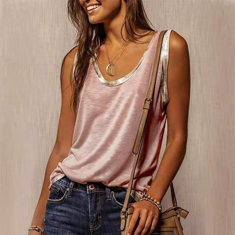 Verano en stock europeo y americano otras fuentes cuello redondo suelto color sólido algodón gris con cuello en V chaleco en forma de I image 2