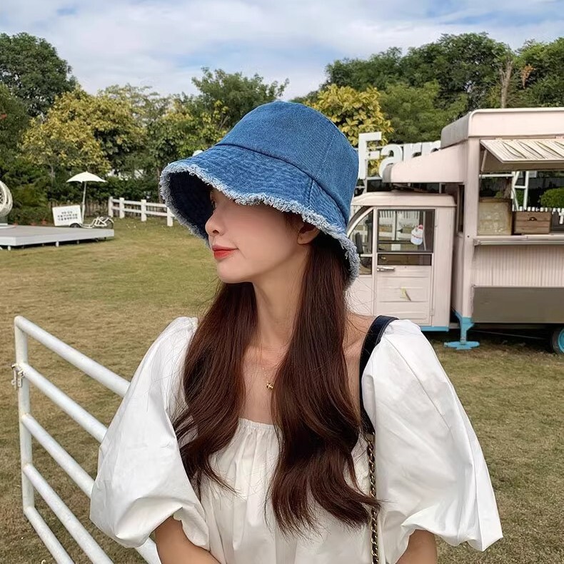 女性用の新しい夏のデニム盆地帽子、日よけと日焼け止め帽子、韓国スタイルのトレンディな日よけ帽子、顔を覆う、多用途のトレンディなブランド、顔を小さくする|undefined