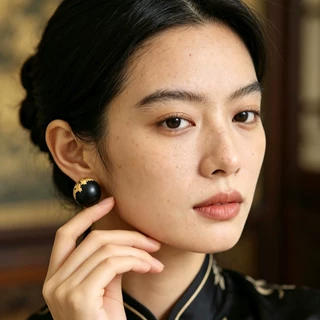 原创山海系列黑檀木金箔半球耳钉高级感新中式手作圆形耳环耳饰