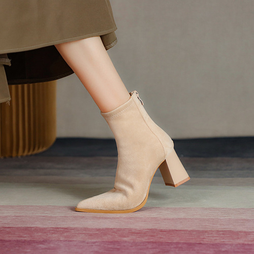 Women's pointed toe short boots, women's high heels, French nude boots, slim boots, suede winter women's shoes, simple low boots