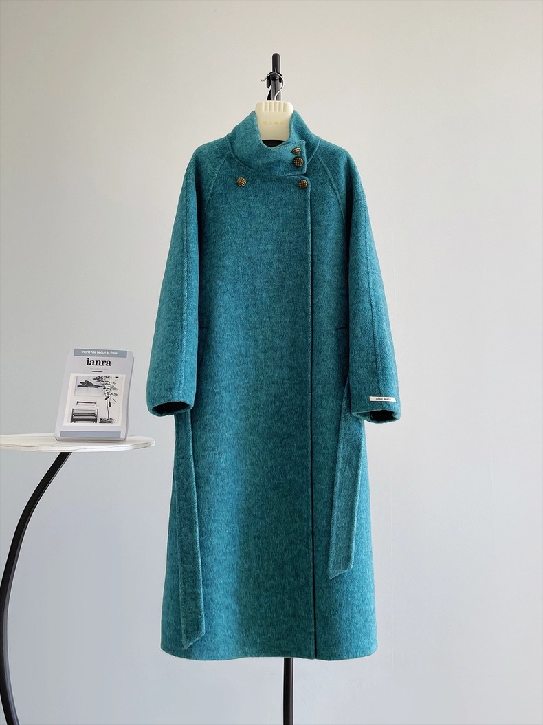 Lanyu Bay 100% Handmade Double-Sided Wool Long Outwear Blue Elegant Classic Cloak Winter Woolen Outwear for Women