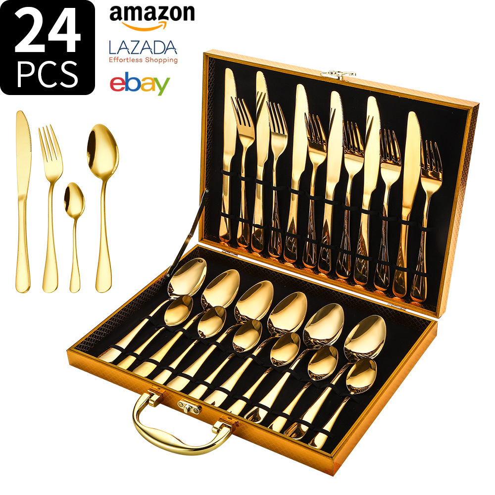 Juego de vajilla de acero inoxidable Transfronterizo Amazon 1010 juego de 24 piezas de vajilla occidental bistec cuchillo tenedor cuchara juego de caja de regalo