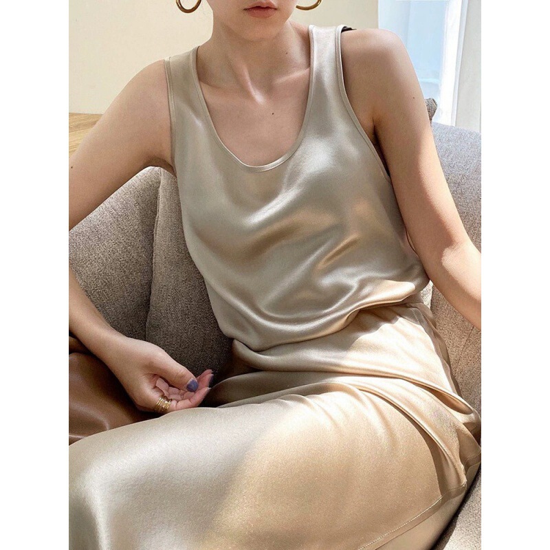 Round Neck Vest Sling Silk Acetate Slide Sleeveless U-Neck All-Match Belly Covering Shirt Women's Short Sleeve Top