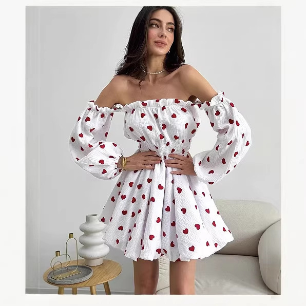 Cross-Border New Style Sweet Printed Chic Off-Shoulder Lantern Sleeve Short Dress Sexy Slim Fit Tube Top Mini Dress Cross-Border New Style Sweet Printed Chic Off-Shoulder Lantern Sleeve Short Dress Sexy Slim Fit Tube Top Mini Dress