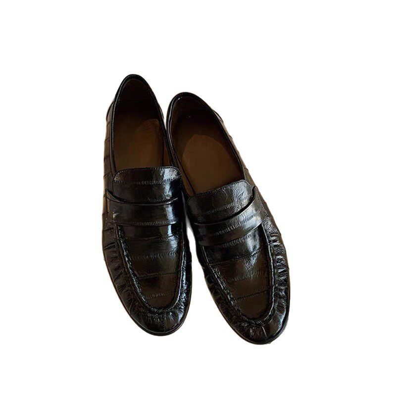 Giày lười nữ da bò xẻ nhún xếp thủ công, mũi nhọn, gót thô 3–5 cm — Màu nâu, màu đen