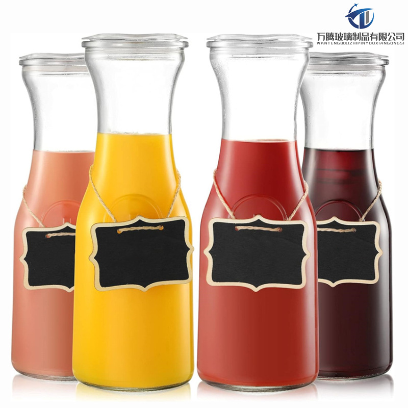 厂家批发玻璃一字奶瓶1L大口饮料瓶透明果汁分装罐水杯牛奶瓶