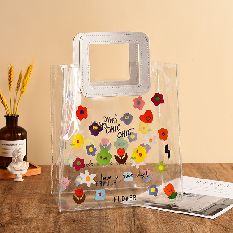 ins风彩色小花朵透明手提袋夏日PVC手提儿童礼品袋大容量沙滩包