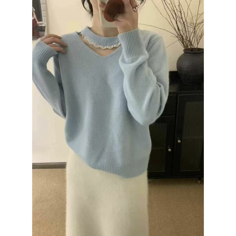 韩系蕾丝拼接镂空毛衣套头女2025秋冬新款气质高级感温柔风针织衫|undefined