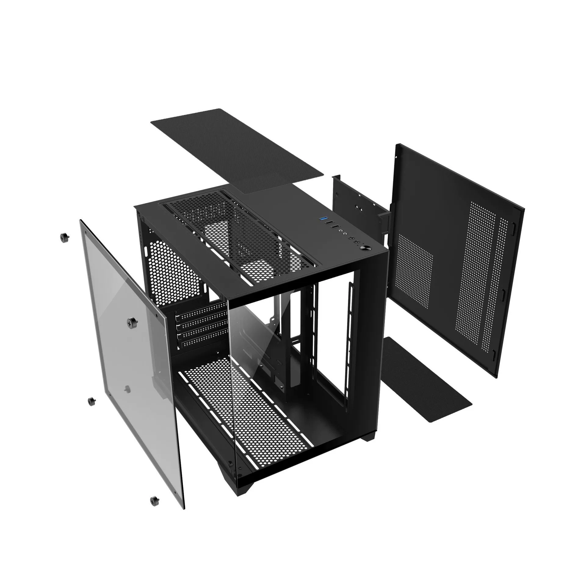 Mini panorama PC case MINI, steel frame, tempered glass side, water-cooling ready