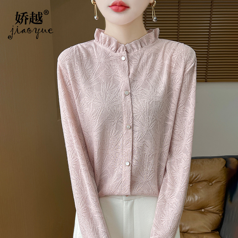 25 New Fungus Lace Collar Sweater Cardigan Women's Half Turtle Collar Jacquard Style Small Shirt Women's Inner and Outer Top