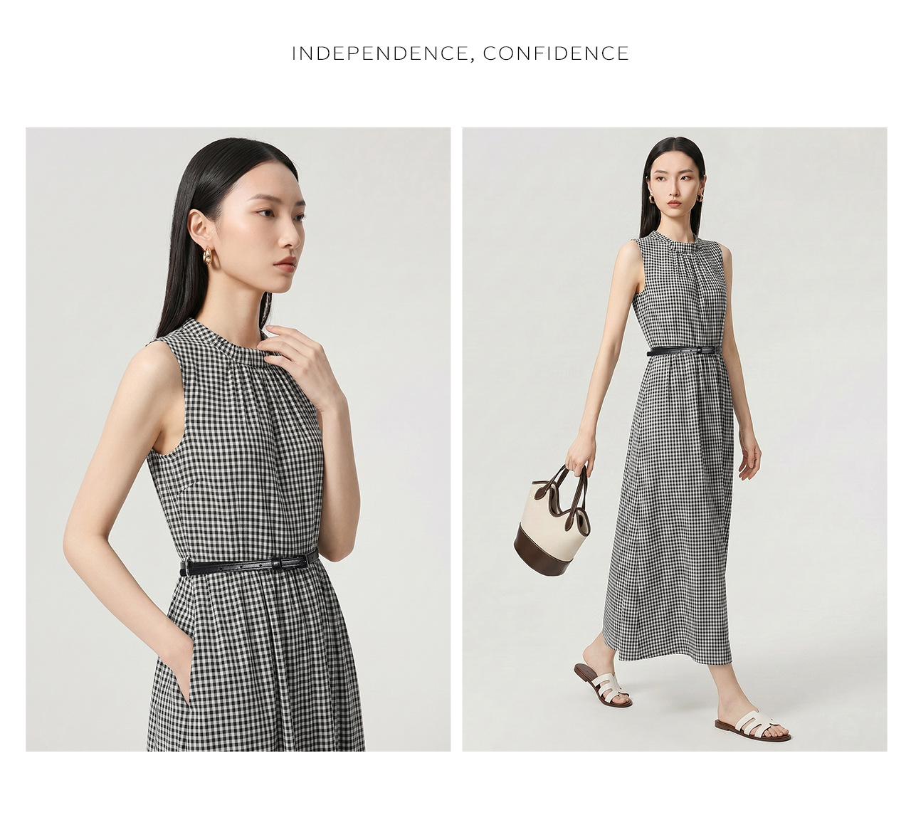 Đầm maxi nữ thắt eo họa tiết kẻ ô cổ điển, tay không, phong cách Pháp — Lưới đen trắng chi tiết 15