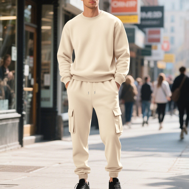 Europe, America, Autumn And Winter Heavy Velvet Men's Loose Casual Sports Tooling Round Neck Solid Color Sweater Trousers Set_viptrois.com