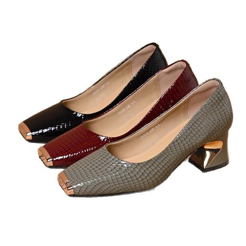 Metal Head Anti-Kick Deep Mouth Women's Spring and Autumn New French Python Texture Thick Heel Versatile Soft Sole Small Leather Shoes