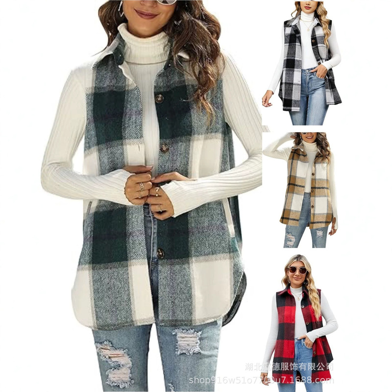 2026 Foreign Trade Cross-Border Women's Autumn and Winter Plaid Flannel Sleeveless Vest with Pockets and Lapel Buttoned Jacket