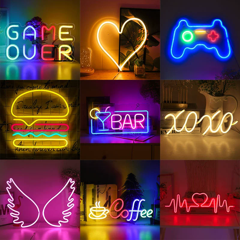 LED neon sign acrylic back panel, USB 5V‑1A with switch, decorative wall night light (various designs)