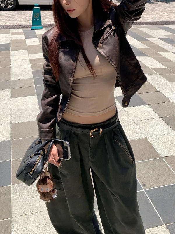 SUNONEON 酷飒风美式短皮衣外套女早秋修身PU复古机车夹克衣|undefined
