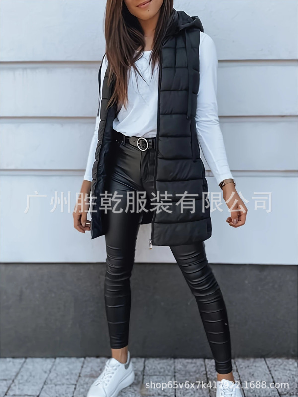 跨境爆款欧美2025亚马逊外贸纯色连帽拉链棉马甲外套女装中长款女|undefined