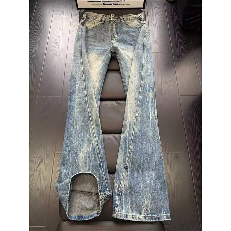 Cross-Border Cleanfit Lightning Pattern Diagonal Cut Jeans for Men, American High Street Vibe, Loose Fit, Slimming, Slightly Flared Pants Cross-Border Cleanfit Lightning Pattern Diagonal Cut Jeans for Men, American High Street Vibe, Loose Fit, Slimming, Slightly Flared Pants