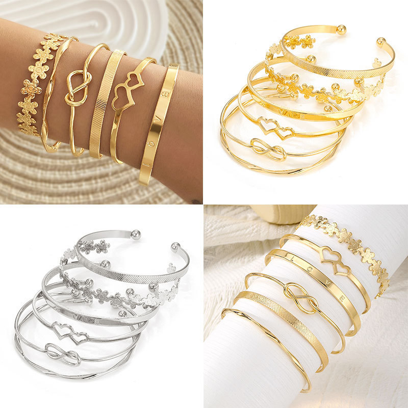 Love Heart Small Flower Open Bracelet Alloy Mobius Infinity Symbol Multi-Layer Stacked Letter Bracelet for Women