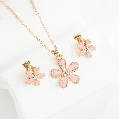 Cross-border creative children's jewelry set cartoon small flowers alloy drip oil necklace earrings two-piece set accessories wholesale