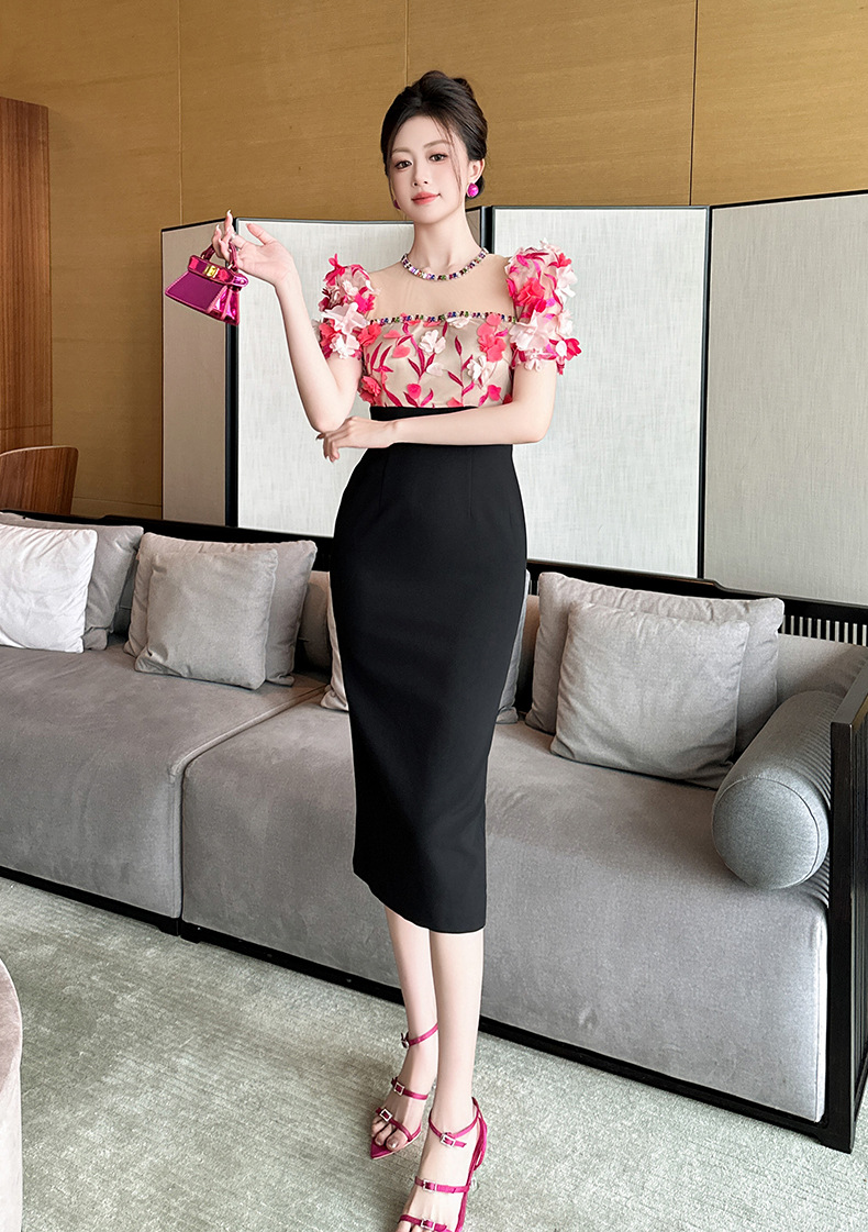 Váy liền nữ tay ngắn thắt eo cổ vuông kiểu Pháp phong cách Hepburn ôm hông — Màu đen chi tiết 9