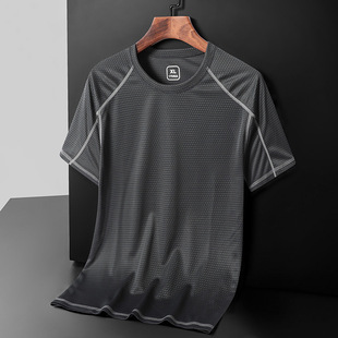 Zhiduoxing spring and summer new quick-drying clothes couple Ice Silk short-sleeved T-shirt pullover striped round neck short-sleeved factory wholesale
