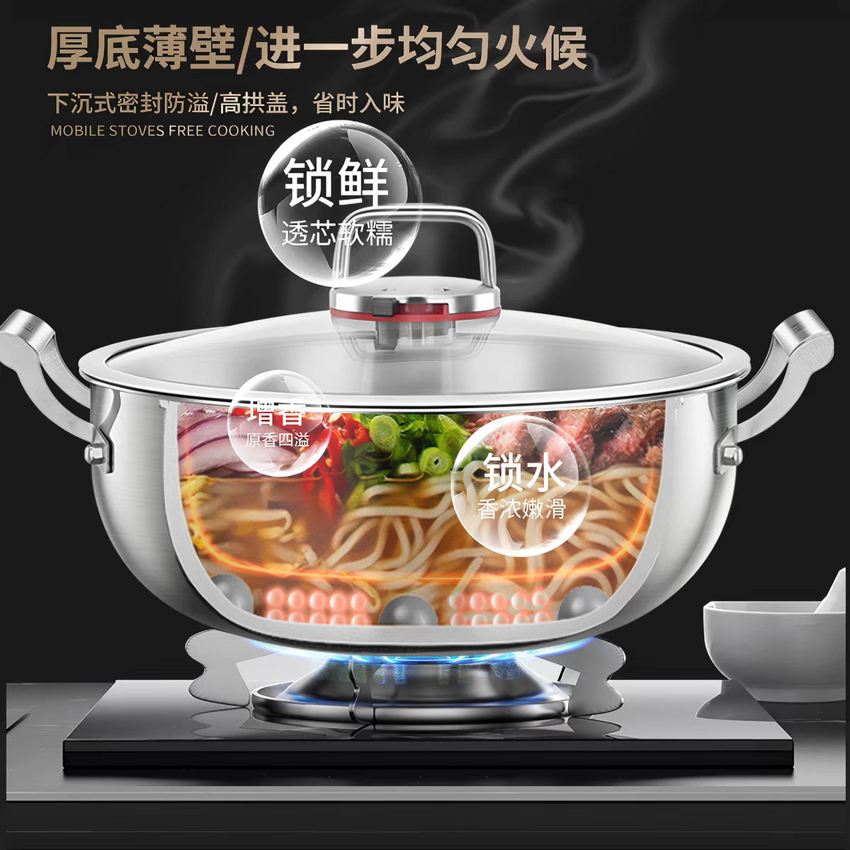 Wok Profundo de Acero Inoxidable 316 con Doble Asa, Sin Recubrimiento, para Todo Tipo de Estufas