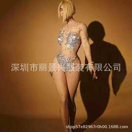 立领网纱透视镶钻套装连体衣瑜伽普拉提运动服舞台birthday礼服