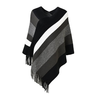 Women's cross-border popular pullover Cape knitted fashionable color matching autumn and winter European and American Foreign trade color stripe tassel Cape