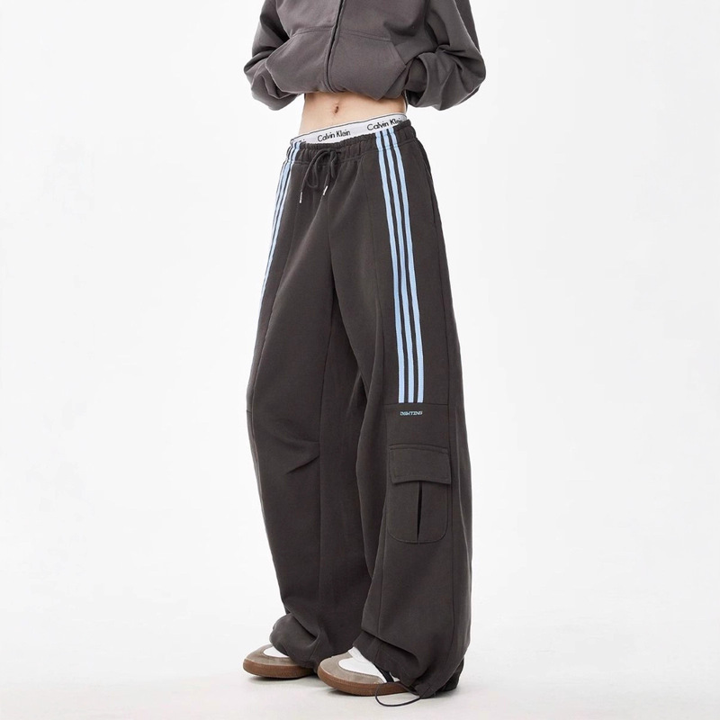 American Retro Three-Stripe Casual Pants for Women, Spring and Autumn, Plus-Size Trendy Brand, Loose Drawstring Sports Cargo Wide-Leg Pants