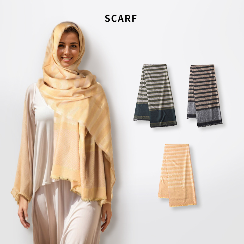 Baotou Scarf Women's Striped Silk Scarf Shawl High-end Feeling Middle Eastern European And American Striped Large Silk Scarf Square Scarf_voghion.com
