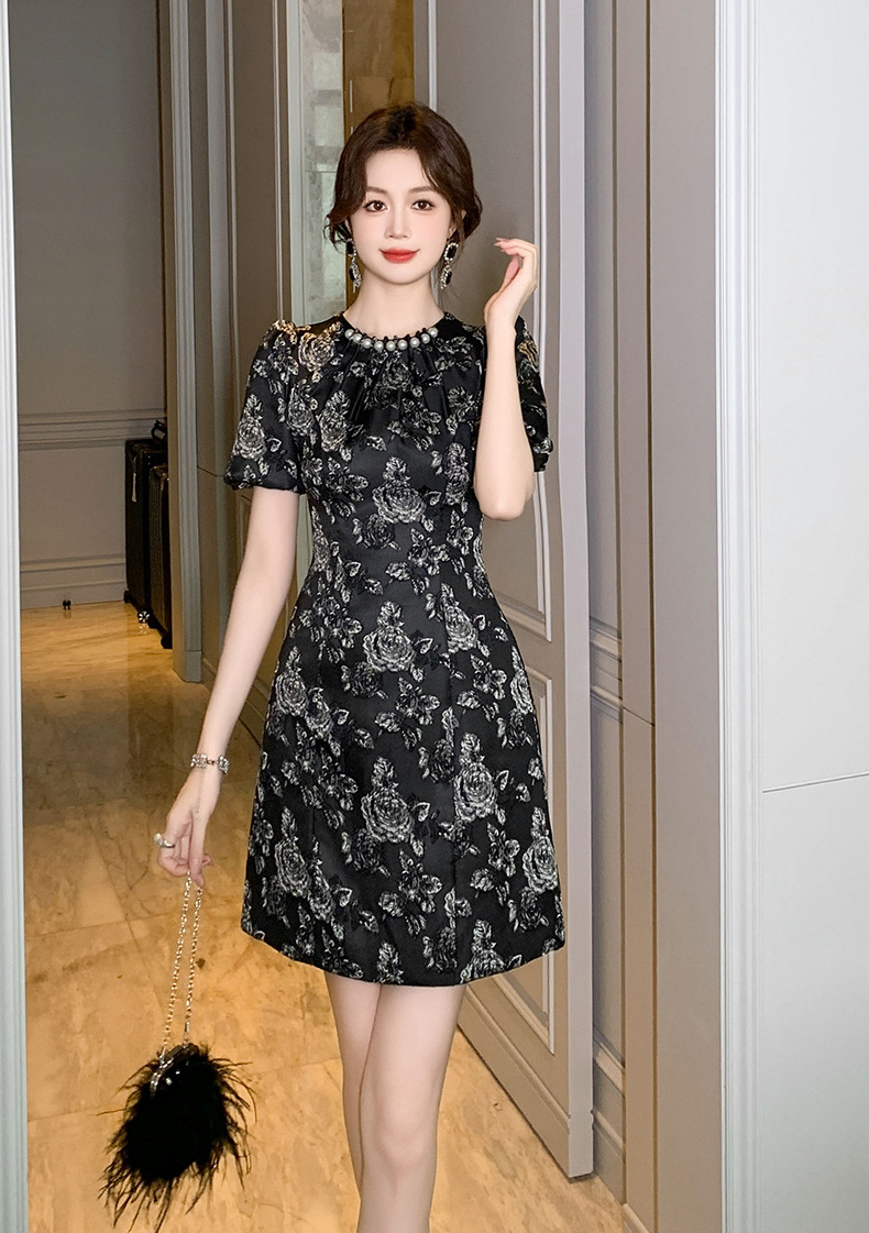 Đầm chữ A thắt eo họa tiết cổ điển phong cách Pháp — Màu đen chi tiết 11