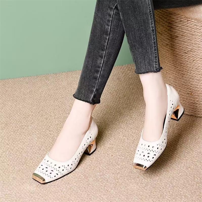 2026 nueva primavera y verano hueco de cuero suave zapatos de tacones de cuero suave zapatos de cuero cuadrado no cansados zapatos de tacones altos