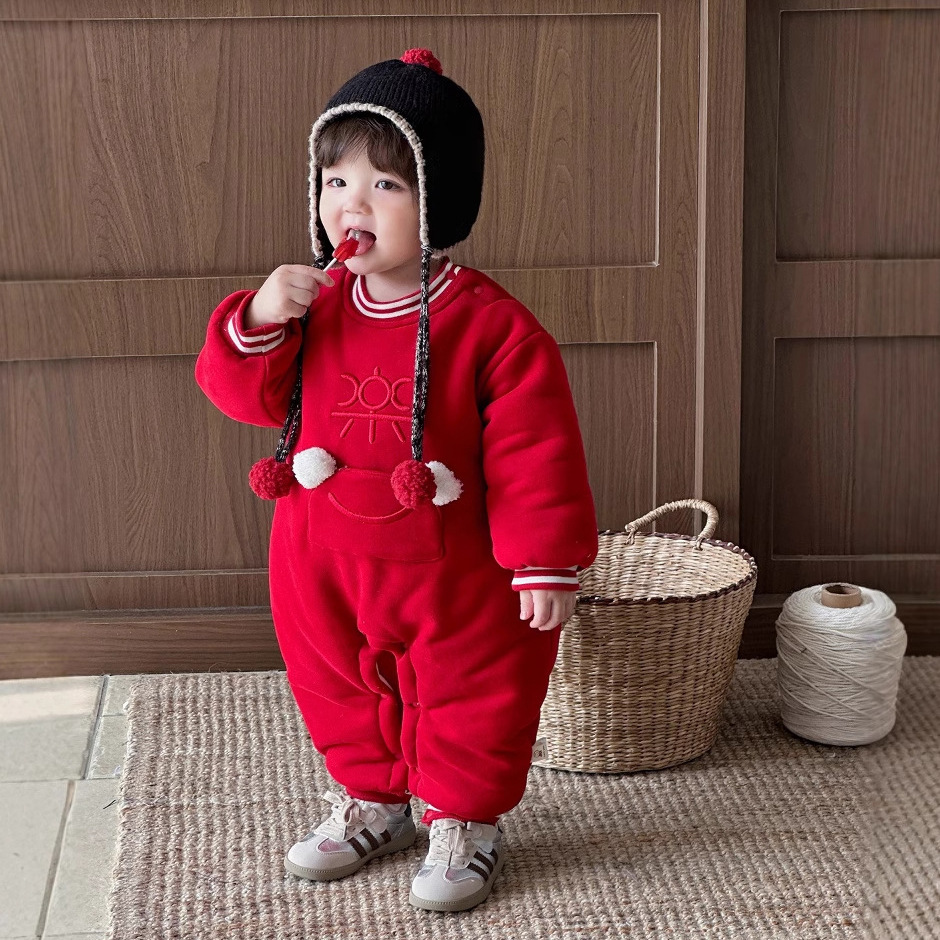 2025 ropa de algodón de estilo chino para bebés y niños pequeños, año nuevo rojo festivo, bolsillo de sobre rojo, ropa de Año Nuevo, ropa acolchada de algodón de una pieza