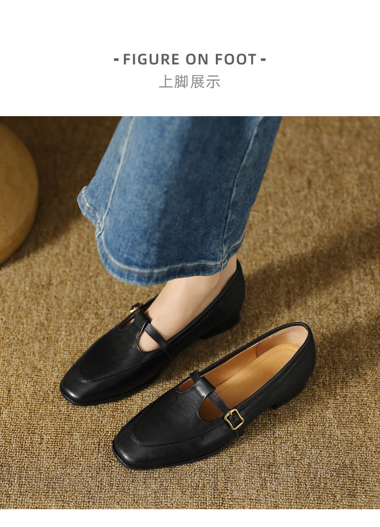 Giày Mary Jane nữ da cừu mũi tròn quai T-khóa đế bệt phong cách vintage — màu nâu chi tiết 4