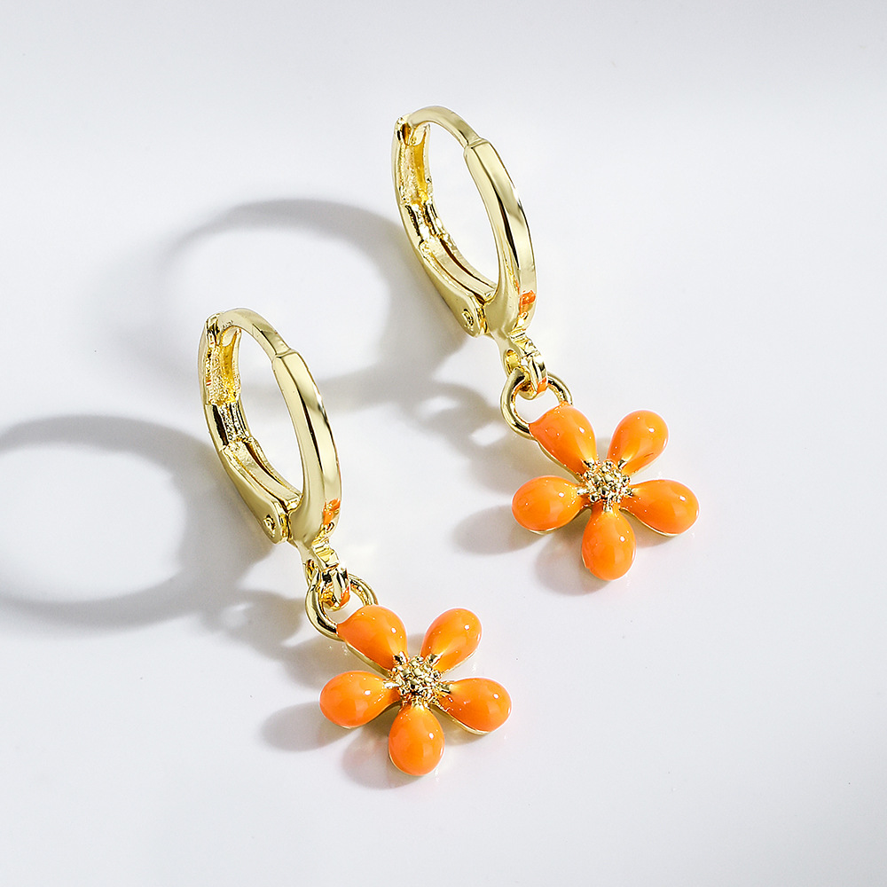 Fashion Flower Copper Enamel Gold Plated Drop Earrings 1 Pair