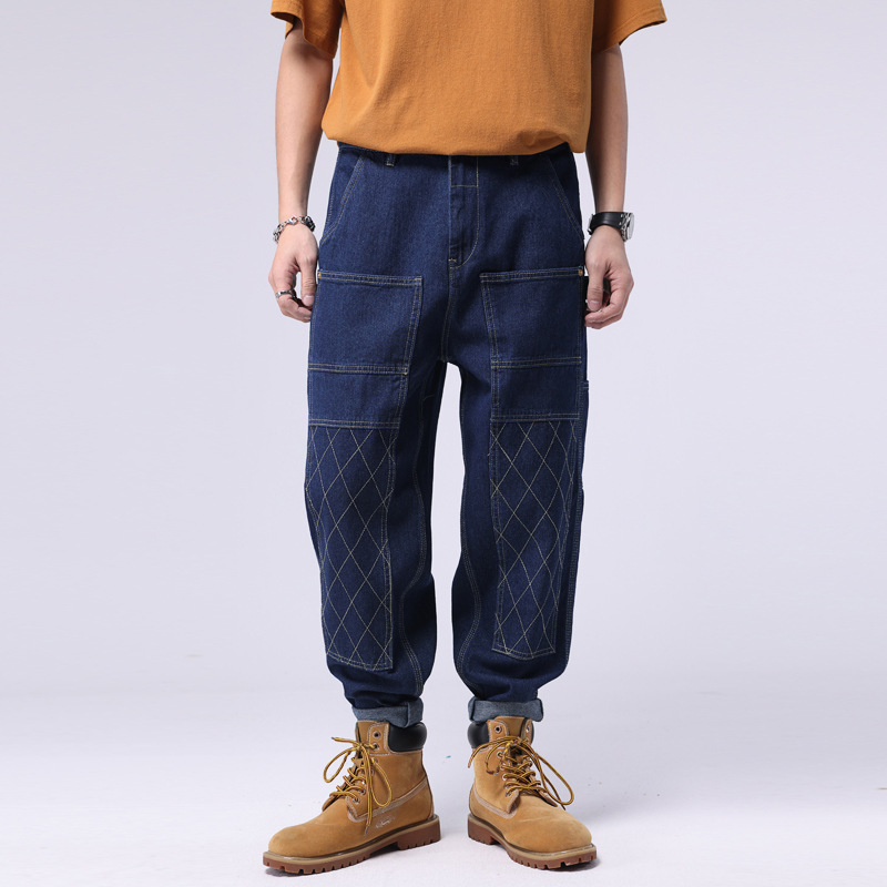 Jeans de travail d'été, pantalons longs lavés amples à tube droit pour hommes, pantalons décontractés suspendus à lisier original de marque cool et élégant dans la rue_voghion.com