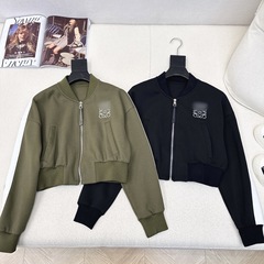 25早秋新款时尚拼色织带袖边设计徽标刺绣棒球夹克短款外套