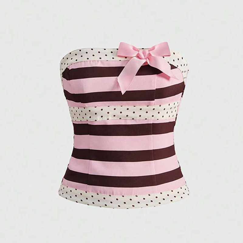 Strawberry Sweet and Fresh Color-Blocking Cute Bowknot Strapless Design Ins-Style Sleeveless Vest Women's Clothing Wholesale