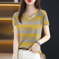卸売 2025 新しい夏の人気の女性の T シャツ痩身お腹カバークロスカラーファッション半袖ドロップシッピング