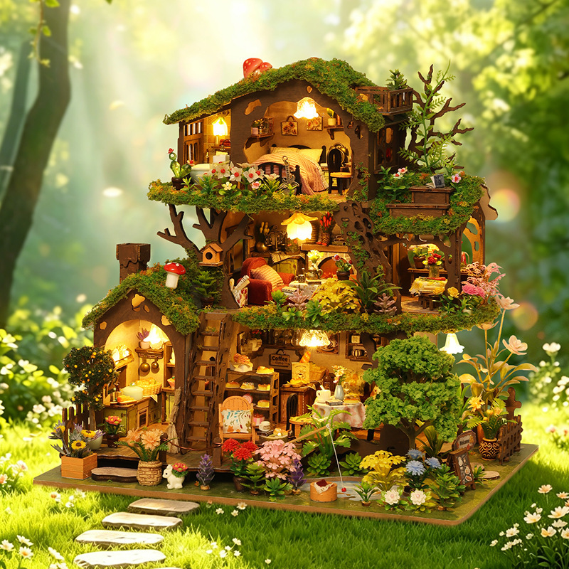 Qiaoyun DIY Cottage Time Tree House Villa 3D Handmade Wooden Assembly Model Miniature Scene Toy