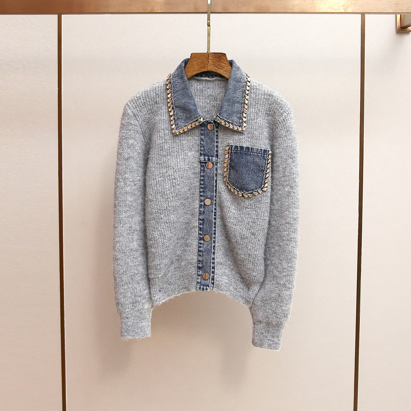 Shenzhen Nanyou Classy Women's Autumn and Winter New French Style Beaded Lapel Denim Splicing Knitwear Tops for Women Shenzhen Nanyou Classy Women's Autumn and Winter New French Style Beaded Lapel Denim Splicing Knitwear Tops for Women